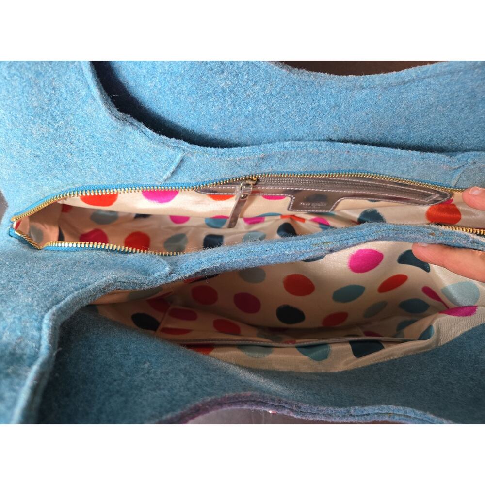 Kate Spade New York Blue Wool Felt Hobo Bag Silver Handles Polka Dot Lining - Picture 6 of 14